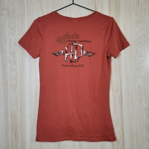 Harley Davidson Burnt Orange V-Neck Women’s Tee Sz Med - Picture 3 of 3